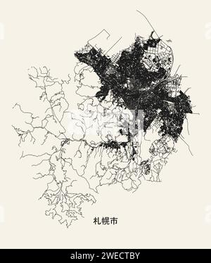 Mappa stradale della città di Sapporo, Hokkaido, Giappone Illustrazione Vettoriale