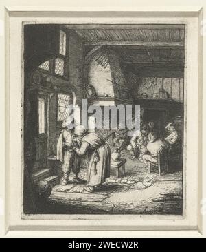 L'uomo paga le spese alla moglie in una locanda, Adriaen van Ostade, 1647 - 1653 stampa interno di una locanda con un contadino che è stato sostenuto con una donna. Attraverso le finestre e una porta semi-aperta, la luce cade anche all'interno di un gruppo di uomini vicino al camino sul retro della partenza. Haarlem paper etching inn, caffetteria, pub, ecc... attività ricreative al coperto (+ pagare, saldare il conto  attività ricreative al coperto) Foto Stock