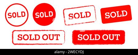 timbro esaurito emblema guarnizione in gomma colore rosso set raccolta di prodotti stock esauriti venduti Illustrazione Vettoriale
