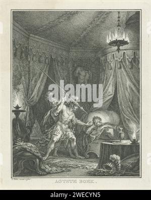 David salva la vita di Saul sulla Chachila, Simon Fokke, stampa del 1766 David ferma Abisai che vuole uccidere il re addormentato Saul con una lancia. La stampa fa parte di una serie sulla storia di David e Saul. La carta di Amsterdam che incide David e Abishai invade l'accampamento di Saul di notte, mentre Saul e i suoi soldati dormono Foto Stock