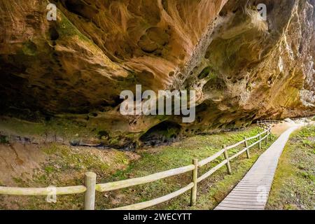 Hazard Cave Trail, formazione rocciosa presso il Big South Fork National River e area ricreativa in autunno Foto Stock