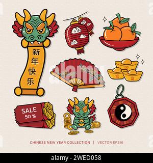 Simpatica collezione di design piatto vettoriale per il nuovo anno lunare cinese per 2024 anni di drago, traduzione di testo straniero come felice anno nuovo Illustrazione Vettoriale