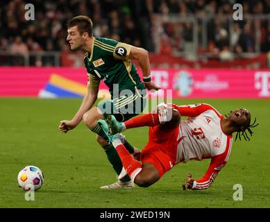 Monaco, Germania. 24 gennaio 2024. Mathys Tel (R) del Bayern Monaco cade durante la partita di calcio della Bundesliga di prima divisione tedesca tra il Bayern Monaco e l'Union Berlin a Monaco di Baviera, in Germania, 24 gennaio 2024. Credito: Philippe Ruiz/Xinhua/Alamy Live News Foto Stock