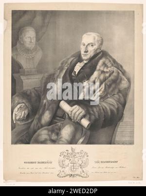 Ritratto di Gijsbert Karel van Hogendorp, Henricus Leonardus van den Houten, dopo Cornelis Cels, 1828 - 1843 stampa a sinistra della persona raffigurata un busto di Willem I.. Sotto il ritratto lo stemma di famiglia. Utrecht paper Historical Persons Foto Stock