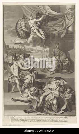 Allegoria sulla storia della Gran Bretagna con il ritratto di Isaac de Larrey, Gilliam van der Gouwen, dopo Bernard Picart, dopo Simon Thomassin, 1713 stampa la personificazione della storia, seduto sul pavimento, scrive la storia della Gran Bretagna insieme alla personificazione dell'ispirazione. A destra, in una colonna, la personificazione della Gran Bretagna, seduto su un leone. Nelle sue mani lo stemma d'Inghilterra, usato da Karel II e Jacobo II In primo piano, tre putti cercano di fermare il tempo alato, quei libri si strappano e mangiano. Al di sopra della personificazione della fama, soffiando su una t Foto Stock