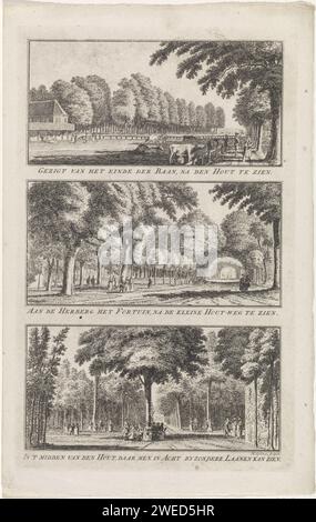 Tre facce intorno ad Haarlem F, Hendrik Spilman, dopo Cornelis van Noorde, 1763 stampano tre immagini su un piatto. Haarlem paper etching Lane, vicolo. alberi. Attività ricreative all'aperto Haarlem. Pine Foto Stock