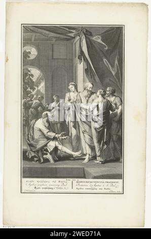 Profezia di Agabus, Jacob Folkema, dopo Houbraken, 1702 - 1767 stampa Agabus predice Paolo che sarà legato alle mani e ai piedi a Gerusalemme. Spettacolo biblico fuori controllo. 21:10 con il titolo dello spettacolo in sei lingue a margine. Incisione / incisione di carta l'arresto di Paolo a Gerusalemme è predetto da Agabus, che lega le sue mani e i suoi piedi con la cintura di Paolo Foto Stock