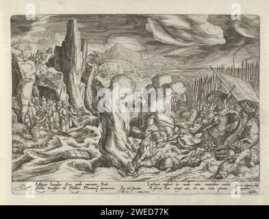 Distruzione dell'esercito egiziano nel Mar Rosso, Julius Goltzius, dopo Hans Bol, stampa del 1586 mentre l'esercito egiziano attraversa il Mar Rosso, Mosè fa rifluire l'acqua. Il faraone (in un carro) e il resto dell'esercito sono inondati. Sullo sfondo gli Israeliti. La stampa ha una didascalia latina e fa parte di una serie sul volo dall'Egitto. L'incisione di carta di Anversa con il suo popolo al sicuro sulla riva, Mosè alza le mani e fa tornare l'acqua; l'esercito del Faraone muore in acqua (Mar Rosso) Foto Stock