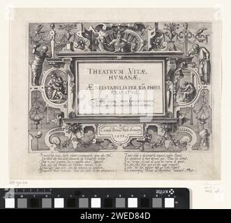 Titolo in cornice ornamentale con simboli che si riferiscono alla prima e ultima fase dell'uomo, Johannes Wierix, dopo Hans Vredeman de Vries, 1577 stampa titolo con il titolo della serie: Theatrum Vitae Humananae on an epitaph. La cornice ornamentale è decorata con simboli che fanno riferimento alla prima e alla fase finale dell'uomo. Sulla sinistra un bambino e un cartiglio con una madre che ha succhiato il suo bambino. Per lei, un bambino gioca su un cavallo da hobby. A destra un uomo con occhiali e bastone. Nel cartiglio a destra, un vecchio si riscalda per un incendio. Sopra il titolo la personificazione del tempo con Foto Stock