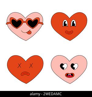 Imposta i personaggi del cuore per San Valentino. Cuori in occhiali da sole, sorrisi e morti tristi. Mascotte in stile Groovy e Y2K. Illustrazione di cartoni animati vettoriali. Illustrazione Vettoriale