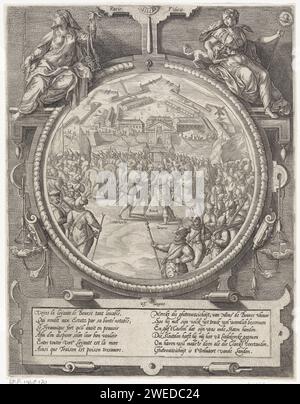 Le chiavi della Cittadella sono trasferite a Liedekercke, 1577, Wierix, dopo la stampa di Maerten de Vos, 1578 le chiavi della Cittadella sono trasferite da Bourse a Liedekercke, 23 agosto 1577. Liedekercke, Bourse e Roeck circondati da soldati, sullo sfondo la Cittadella. Presentazione in medaglione tondo con cornice allegorica ornamentale con in cima alle personificazioni femminili della ragione (rapporto) e Trouw (Fiducia). In fondo a un cartiglio con 2 versetti di 6 linee ciascuno in francese e olandese. Motivo dell'incisione della carta di Anversa; "ragione" (Ripa). Fedeltà; 'fedele (Ripa) Cittadella di Foto Stock