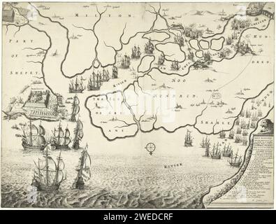 Mappa della foce del Tamigi con il viaggio a Chatham, 1667, Michiel Comans (II), 1667 Stampa Mappa della foce del Tamigi su cui il viaggio a Chatham è indicato dalle navi della flotta statale al comando di Admiraal de Ruyter, 20-23 giugno 1667. A sinistra la battaglia intorno a Sheerness, sopra le navi olandesi sul fiume Medway. In basso a destra un leone su un piedistallo su cui la leggenda A-V. mappe di incisione/incisione su carta di paesi o regioni diversi. battaglia (+ forza navale). RAID on the Medway Theems. Sheerness. Medway. Chatham. Rochester Foto Stock