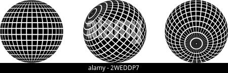 Set di sfere da discoteca nere. Raccolta di sfere a reticolo in angoli diversi. Globo griglia o palla a scacchi. Pacchetto di elementi Mirrorball per poster, banner, copertina musicale, feste. Illustrazione vettoriale Illustrazione Vettoriale