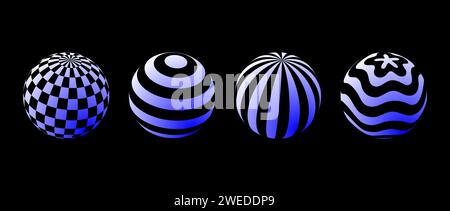Raccolta di sfere con motivi diversi. Set di palline 3d a righe, a scacchi e ondulate. Elementi geometrici bianchi e blu per modello di design, icona, logo, banner, poster. Pacchetto globi vettoriali astratti Illustrazione Vettoriale