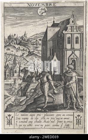 Novembre, Jan Gerritsz Swelinck, 1624 - 1645 stampa Un re invia il suo servo per invitare gli ospiti al pranzo di nozze di suo figlio. Sullo sfondo un castello e una vista di un paesaggio collinare con un villaggio e una città. In aria il simbolo della costellazione del Sagittario. Sotto la stampa quattro versi in francese con un riferimento a Math. 22. Una marca di stampante su entrambi i lati del testo. La stampa fa parte di una serie con i mesi dell'anno, in cui sono ritratte scene del nuovo Testamento. Sul retro, in rosso e in nero, un calendario del mese in questione stampato su libro. Incisione su carta Amsterdam / lett Foto Stock