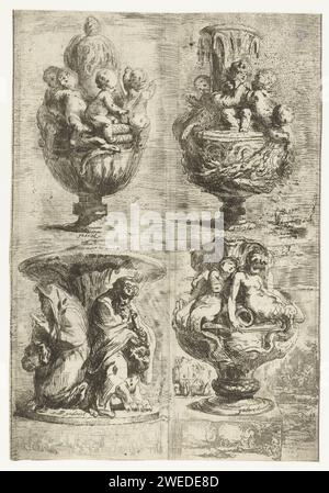 Quattro vasi, Gabriel Jacques de Saint-Aubin, 1754 stampa quattro vasi. Le due superiori sono decorate con putti. In basso a sinistra un vaso decorato con due anziani seduti sui leoni, sotto un vaso con quattro sirene. Intorno ai vasi piccoli schizzi di gruppi di persone in paesaggi e una collezione di Schildeirjen. vaso per incisione carta  ornamento Foto Stock