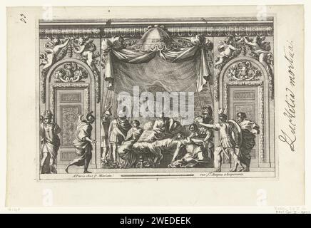 Alkoof con la morte di Cleopatra, Jean Lepautre, c. 1656 - c. 1657 stampa Alcove con Cleopatra sdraiato su un letto sotto un baldacchino. Donne e soldati che prendono il sole la circondano. 2 numerati. Tipografia: Francia (possibilmente)dopo il proprio disegno di: France (possibilmente)editore: Paris paper etching Foto Stock