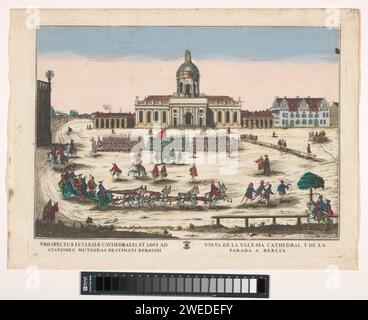 Veduta dell'alte Domkirche a Berlino con una processione sulla piazza, la famiglia Remondini (attribuita a), 1700 - 1799 stampa numerata in basso a sinistra: L 1. Editore: Bassano del Grappaprint Maker: Italia paper. acquerello (vernice) incisione/pennello quadrato, posto, circo, ecc. (+ city(-scape) con cifre, personale). chiesa (esterno). parata militare, concorso. Veicolo a quattro ruote trainato da più di tre animali, vecchia chiesa della cattedrale Foto Stock