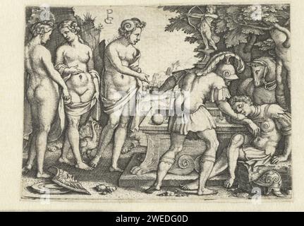 Sogno di Parigi, Georg Pencz, 1540 - 1542 stampa Parigi dorme accanto a una fontana, mercurio cerca di svegliarlo. Egli indica la Mela d'Oro e le tre dee Giunone, Minerva e Venere che stanno parlando tra loro a sinistra. La carta tedesca incide il sogno di Parigi Foto Stock