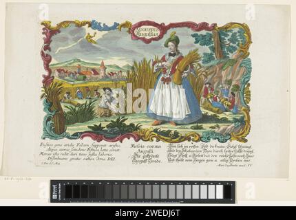 Augustus, anonimo, 1694 - 1756 stampa Una donna sta in piedi con grano raccolto e una falce in mano. Sul campo viene raccolto il grano, quattro persone riposano sulla destra. Nel margine inferiore due volte un testo a quattro righe in latino e tedesco. Carta di Augusta incisione agosto e le sue "fatiche" (+ con scene che mostrano occupazioni umane  stagioni e mesi). raccolto. riposo durante il raccolto (mangiare, ballare, fare l'amore, ecc.) Foto Stock