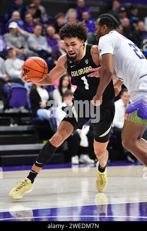 Seattle, Washington, USA. 24 gennaio 2024. Colorado Buffaloes guardia J'Vonne Hadley (1) durante la partita di pallacanestro NCAA tra i Colorado Buffaloes e i Washington Huskies all'HEC ed Pavilion di Seattle, WA. Colorado sconfisse Washington 98-81. Steve Faber/CSM/Alamy Live News Foto Stock