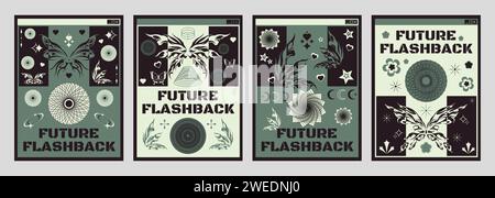 Set di striscioni estetici Y2K Vibe boho. Illustrazione vettoriale realistica di poster retroondeggianti con elegante decorazione floreale, farfalle su sfondo verde e nero, volantino flashback retrò futuristico Illustrazione Vettoriale