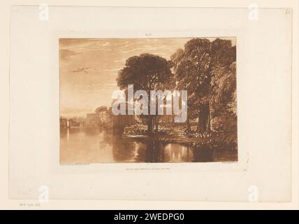 Vista di Isleworth dal Tamigi, Joseph Mallord William Turner, stampa del 1819 del fiume London paper etching. chiesa (esterno) Isleworth. Tamigi Foto Stock