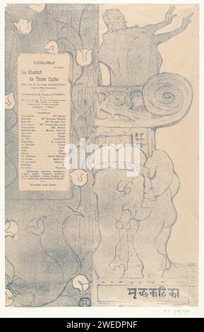 Programma per lo spettacolo le Chariot de Terre Cuite con l'attore Felix Fénéon in piedi sul balcone sopra l'elefante indiano, Henri de Toulouse-Lautrec, 1895 programma di stampa per la commedia le Chariot de terre cuite con l'attore Felix Fénéon nel ruolo di un sacerdote industano in piedi sul balcone sopra l'immagine dell'elefante indiano. Il titolo e i ruoli sono indicati in una cornice rettangolare. attore di carta (sul palco). animali trunked: elefante Foto Stock