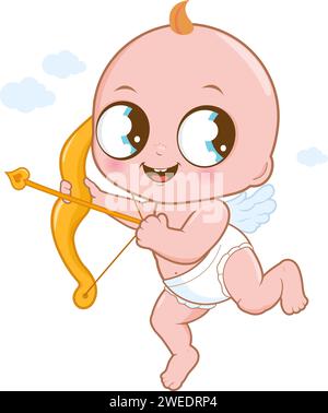 Valentine cupid ha sparato una freccia. Adorabile bambino cupido con fiocco e freccia. San Valentino piccolo angelo cupido con ali, arco e freccia. Illustrazione Vettoriale