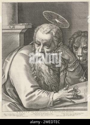 L'evangelista Marcus, Crispijn van de Passe (i), dopo Gortzius Geldorp, 1607 stampa Busto dell'evangelista Marcus che scrive il suo Vangelo. Dietro di lui il suo attributo de Leeuw. Nel margine una didascalia a sei righe, in tre colonne, in latino. Stampa da una serie di quattro con gli evangelisti. Carta di Colonia incisione St. Segnate l'evangelista che scrive il Vangelo, di solito un leone (alato) presente Foto Stock