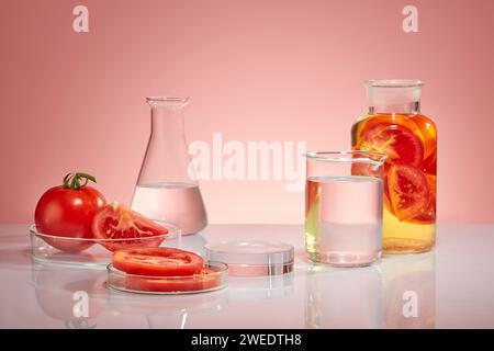 Ricerca e sviluppo di laboratori cosmetici - su sfondo rosa, vetreria da laboratorio contenente pomodori freschi ed essenza di pomodoro. Spazio vuoto attivato Foto Stock