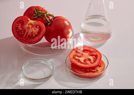 Pomodoro fresco e pomodoro a fette su piatto di Petri esposto su sfondo bianco con attrezzature da laboratorio. Piattaforma cilindrica vuota per cosmetici di toma Foto Stock