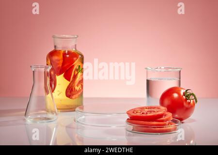 Tema di laboratorio con vetreria da laboratorio contenente essenza di pomodoro e pomodoro fresco decorata su sfondo rosa. Spazio vuoto per posizionare il prodotto. Foto Stock