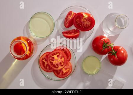 Vista dall'alto, disposizione piatta delle attrezzature da laboratorio contenenti fette di pomodoro e essenza di pomodoro su sfondo bianco. Concetto di ricerca e sviluppo dei prodotti Foto Stock