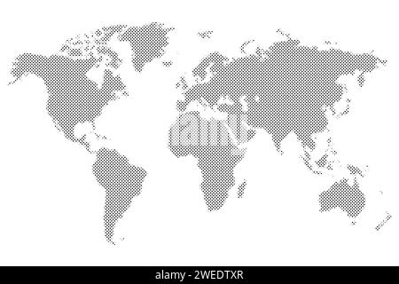 Nero punteggiato di mezzitoni mappa del mondo. Illustrazione Vettoriale. Mappa punteggiata in design piatto. Illustrazione di vettore isolato su sfondo bianco Illustrazione Vettoriale