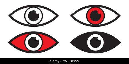 Una raccolta di icone degli occhi vettoriali, tra cui simboli della vista, icona della scansione retina, rappresentazioni semplici e demoniache degli occhi rossi e sagome degli occhi. Illustrazione Vettoriale