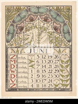 Rivista di calendario per giugno 1898, Theo Nieuwenhuis, 1897 stampa Una cornice rettangolare con i giorni del mese di giugno e intorno a farfalle, cardo, fiori a forma di imbuto e una donna che raccoglie fiori sulle ginocchia. Piante ed erbe di carta di Amsterdam: cardo. insetti: farfalla. fiori. raccogliere fiori. Personaggio inginocchiato - AA - figura umana femminile Foto Stock