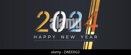 design della copertina dello striscione felice anno nuovo 2024 con testo su sfondo nero Illustrazione Vettoriale
