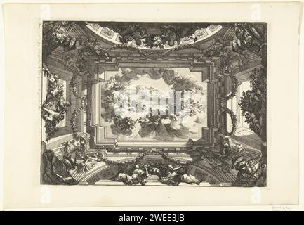 Soffitto trompe-l'oeil con esecuzione mitologica, Daniël Marot (i), soffitto a 1712 stampe con centrotavola rettangolare con una rappresentazione mitologica sostenuta da termini. I lati lunghi sostenuti da due archi. Negli angoli sono visibili le console con una maschera e un vaso. Dalla serie di 6 (forse 12) fogli. Tipografia: Olanda (possibilmente)dopo il proprio disegno di: Olanda (possibilmente)editore: Amsterdam paper etching Foto Stock