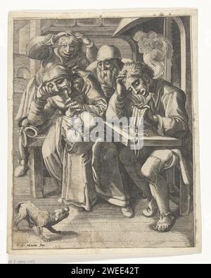 Se il prosciutto è finito, allora bisogna indugiare le gambe calve, Hendrick Goltzius (attribuito a bottega o), dopo Karel van Mander (i), 1590 - 1594 stampare tre uomini per un camino. Un uomo sta in piedi con le mani nei capelli, il secondo uomo prega, il terzo è seduto al tavolo e scuote la sua sovvenzione come segno che è vuoto. Una donna e un ragazzo mordono un osso. Un cane abbaia e sembra arrabbiato per l'osso. Carta di Haarlem che incide i poveri. borsetta, sacco dei soldi. fame Foto Stock