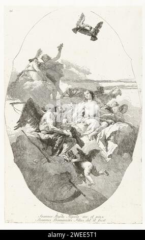 Allegoria con venere e tempo, Giovanni Domenico Tiepolo, dopo Giovanni Battista Tiepolo, 1775 stampa Allegoria con Venere che consegna un bambino al tempo del padre seduto su una nuvola con la falce accanto a lui e Cupido con la camicia di freccia ai suoi piedi. Guarda le tre grazie su un'auto e due piccioni volare sopra Venere durante il volo di Balt. Tra le nuvole è visibile un globo. Carta veneziana che incide Venere e Cupido (Cupido non è un mero attributo). Padre tempo, uomo con ali e falce Foto Stock