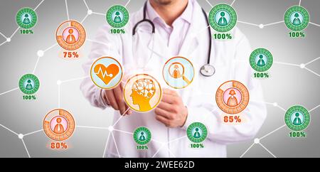 Giovane medico maschio che utilizza un'app ai per identificare i pazienti con problemi di salute nel suo database. Concetto sanitario e medico per la medicina precisa, arte Foto Stock