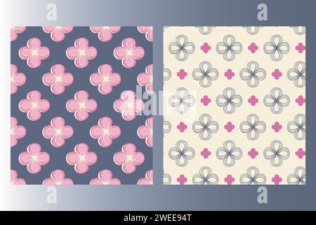 Motivi ornamentali geometrici floreali senza cuciture, set decorativo di 2. Immagini grafiche astratte dei fiori. Tavolozza di colori rosa e blu. Vettore Illustrazione Vettoriale