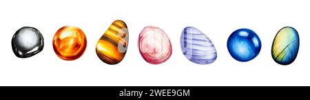 Acquerello radice e sacrale disegnate a mano, plesso solare, terzo occhio, cuore e corona chakra gemma illustrazioni isolate. Hematit, calcite arancione e c Foto Stock