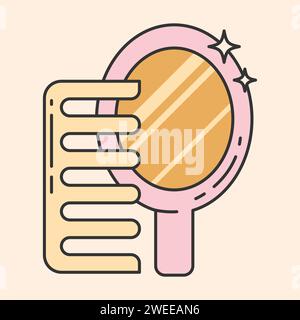 Icona speculare e pettine isolata.simbolo, illustrazione del logo per la cura dei capelli, trucco.tratto modificabile. Illustrazione vettoriale EPS 10 Illustrazione Vettoriale