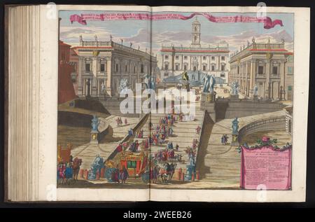 Trappola Naar Piazza del Campidoglio te Roma, Alessandro specchi, 1693 - 1717 stampa Vista delle scale che conducono a Piazza del Campidoglio sul Capitoolheuvel a Roma. Sopra un banderolo con il titolo. In basso a destra un cartiglio con un elenco esplicativo di numeri. La stampa fa parte di un album. Tipografia: Romeafter Own design di: Romepublisher: RomeThe HagueRomeRome carta che incide sulla città, e paesaggio con costruzioni artificiali. quadrato, luogo, circo, ecc. Chiesa cattolica romana. Hôtel, cioè un piccolo palazzo nel Campidoglio. Piazza Campidoglio Foto Stock