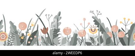 Fiori di fata bordo senza cuciture in stile folk scandinavo, motivo vettoriale. Sfondo prato fiorito Doodle. Design per carte, carta da parati, artigianato Illustrazione Vettoriale
