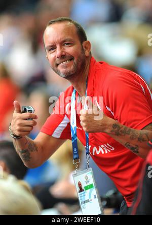 Chris Watts, allenatore gallese Javelin, XX Giochi del Commonwealth, Hampden Park, Glasgow, Scozia Regno Unito dal 27 luglio al 2 agosto 2014. Foto di Gary Mitchell Foto Stock