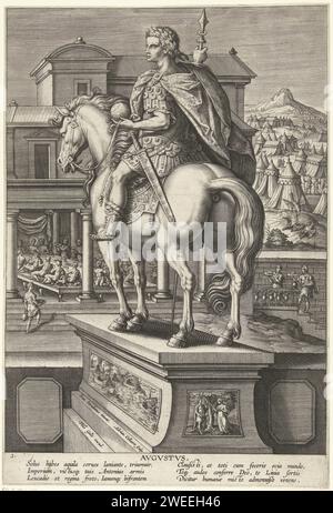 Keizer Augustus a cavallo, Adriaen Collaert, dopo Jan van der Straet, 1587 - 1589 stampa su un Keizer Augustus a cavallo. Sul cartiglio della colonna un'immagine della battaglia di Azio. Sullo sfondo scene della vita di Augusto. Sulla sinistra una festa in onore di Augusto come figlio di Apollo. Sulla destra un campo di soldati con tre uccelli da combattimento, simbolo del Triumvirato di Ottaviano, Marco Antonio e Marco Emilio Lepido. La stampa ha una didascalia latina. La stampa fa parte di una serie di dodici parti sugli imperatori romani. Incisione di carta di Anversa (storia di) Augusto, l'imperatore romano Foto Stock