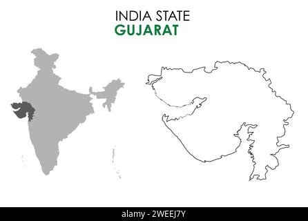 Mappa del Gujarat dello stato indiano. Illustrazione vettoriale della mappa Gujarat. Mappa del Gujarat su sfondo bianco. Illustrazione Vettoriale